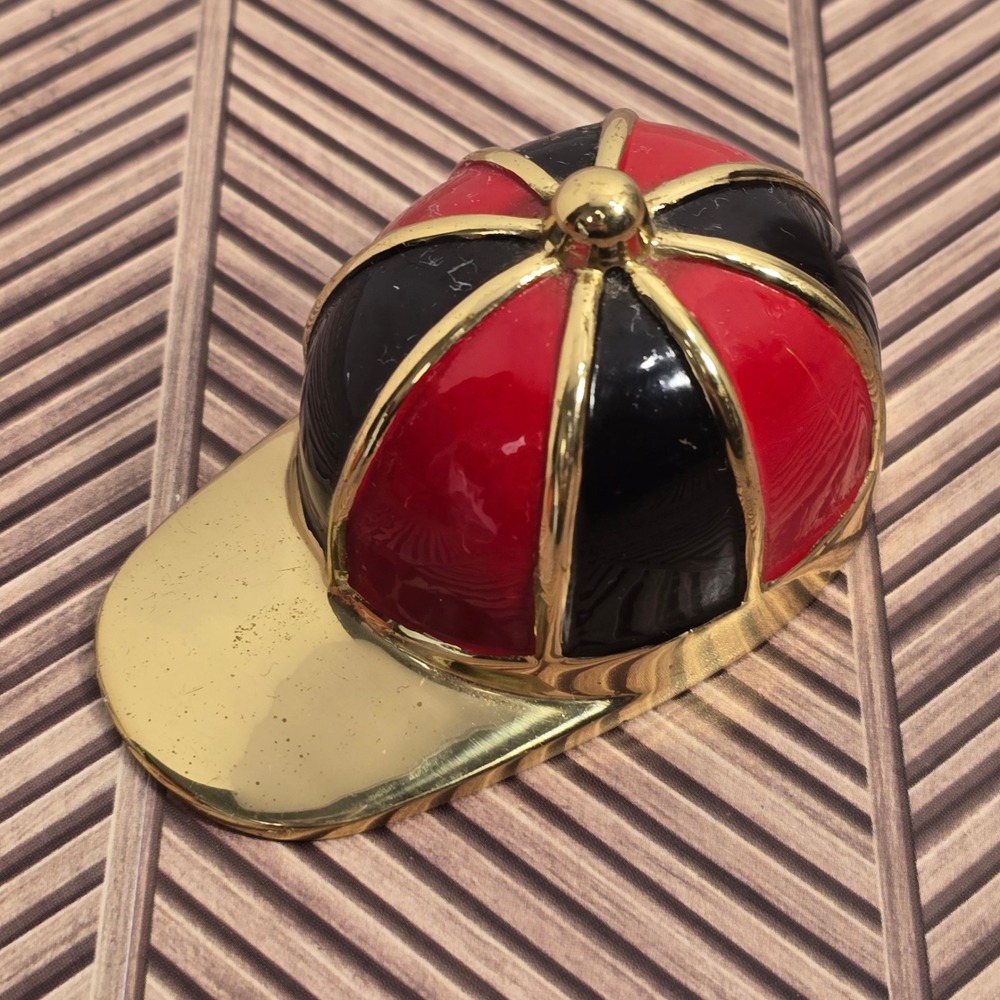 Vintage Jockey Cap Bottle Opener Red Black Enamel Gold Tone Equestrian Barware